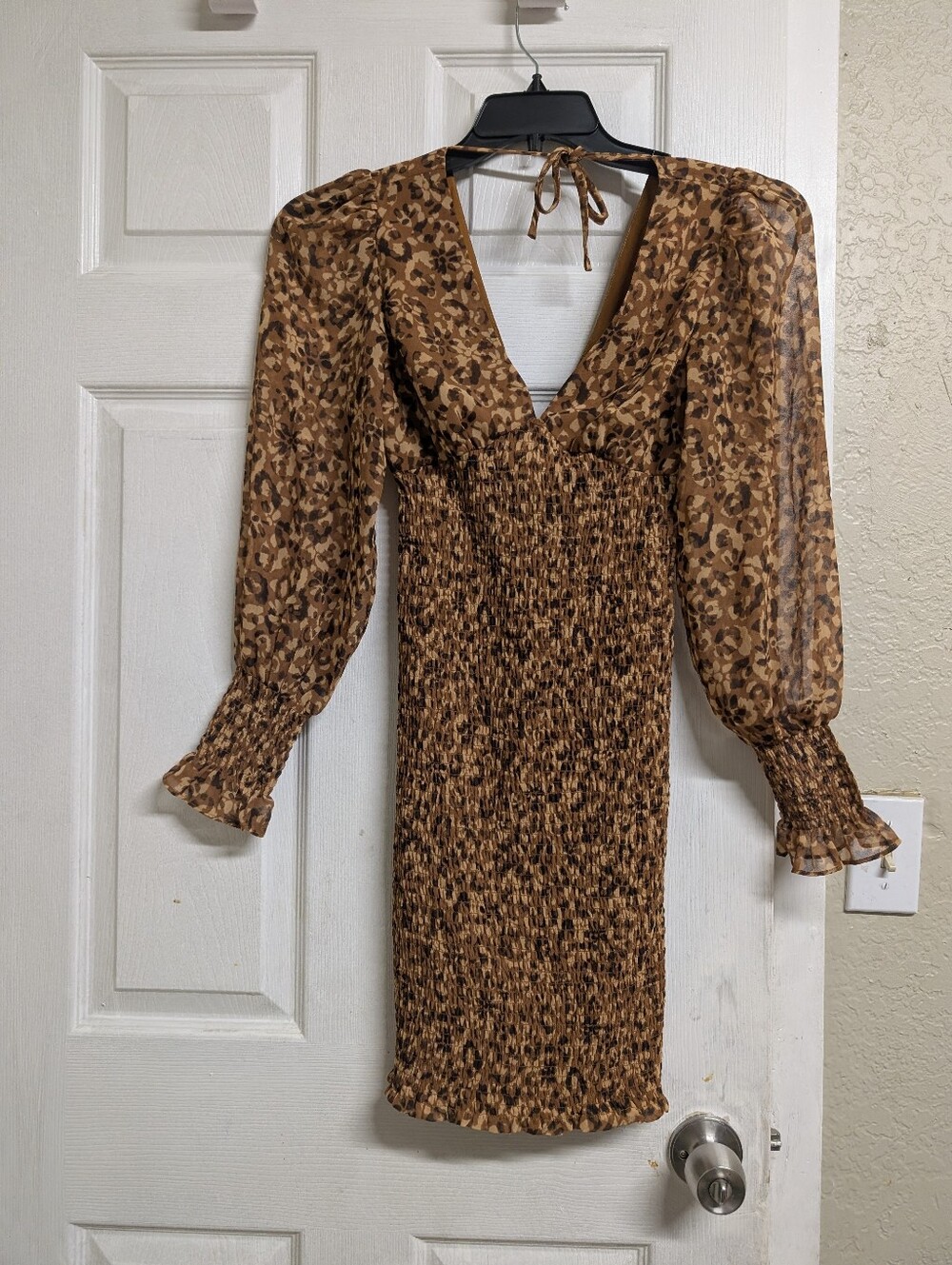 Steve Madden Brown Leopard-Print Smocked Mini Dress